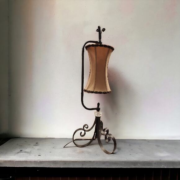Unique Black Metal Lamp with Tan Fabric Shade Large Table Lamp 29" Tall Nice - Picture 7 of 7